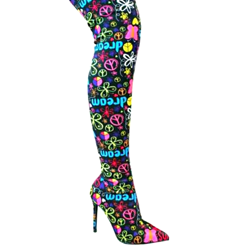 Graffiti Print Multicolor Thigh High Boots